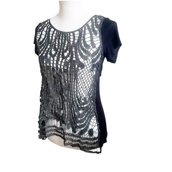 Daytrip Whimsygoth Top Y2K Open Knit Metallic Size Medium Black Silver - Picture 2 of 11